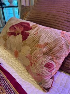 Pretty Antique Aubusson Floral Lumbar Pillow